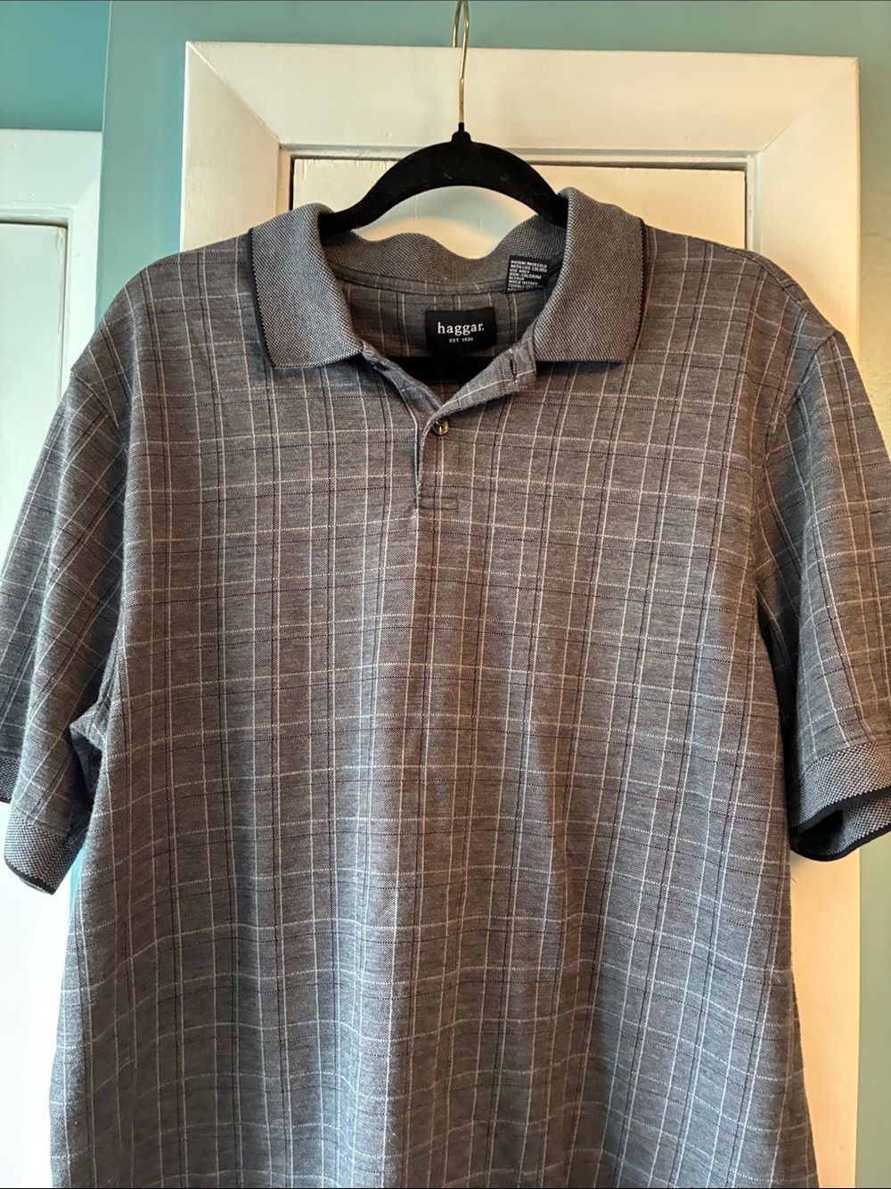 Haggar Men’s Gray Plaid Short Sleeve Polo